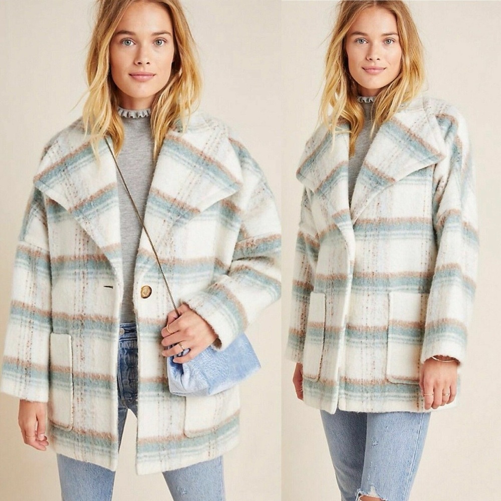 Anthropologie Plaid Teddy Jacket in Cream and Blue